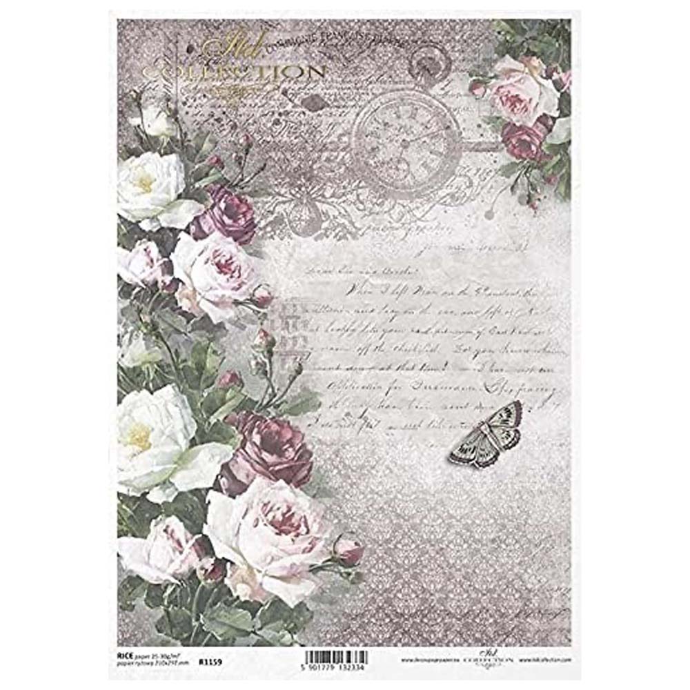 Pink, Red and White Roses with Text and Patterned Background Rice Paper A4 ITD Rice Paper for Decoupage