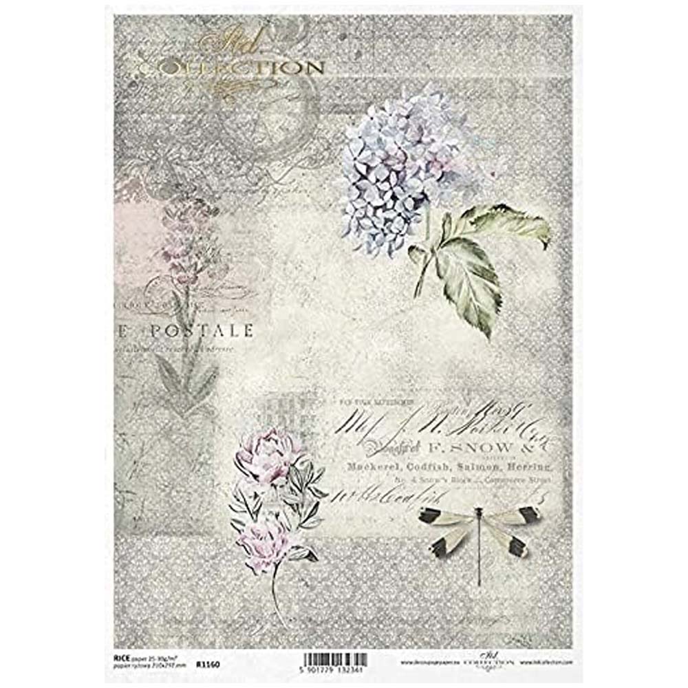 Dragonfly with Light Pink + Purple Flowers Rice Paper A4 ITD Rice Paper for Decoupage