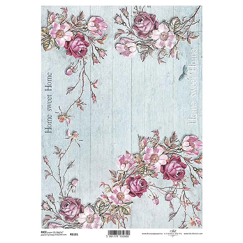 Pink Roses on Blue Rice Paper A4 ITD Rice Paper for Decoupage