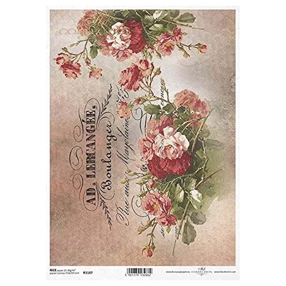 Red Flowers with 'Ad. Lercangée' Inscription Rice Paper A4 ITD Rice Paper for Decoupage