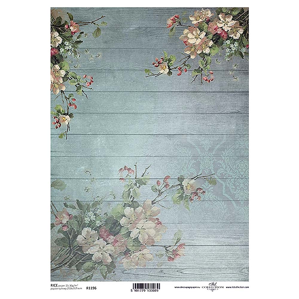 Blue Pink Pink Floral Rice Paper A4 ITD Rice Paper for Decoupage