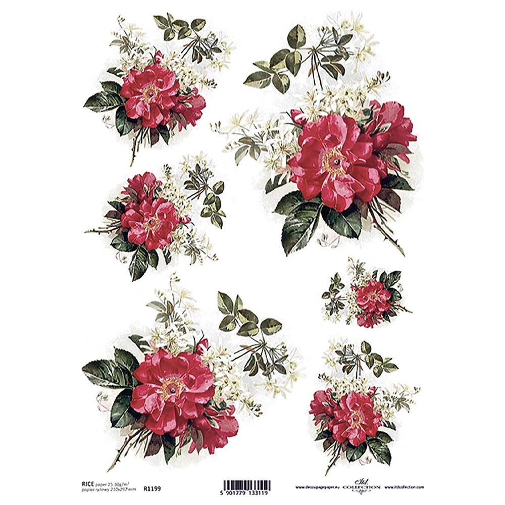 Red Floral Rice Paper A4 ITD Rice Paper for Decoupage
