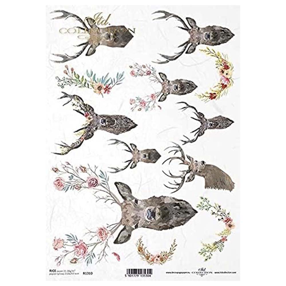 Deer Antlers with Flowers Rice Paper A4 ITD Rice Paper for Decoupage