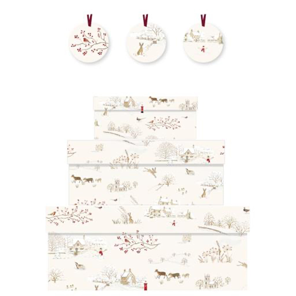 Sophie Allbright Snowy Village Nest of 3 Gift Boxes Size: small 165 x 50 x 110mm Medium: 230 x 90 x 165mm Large: 310 x 130 x 225mm