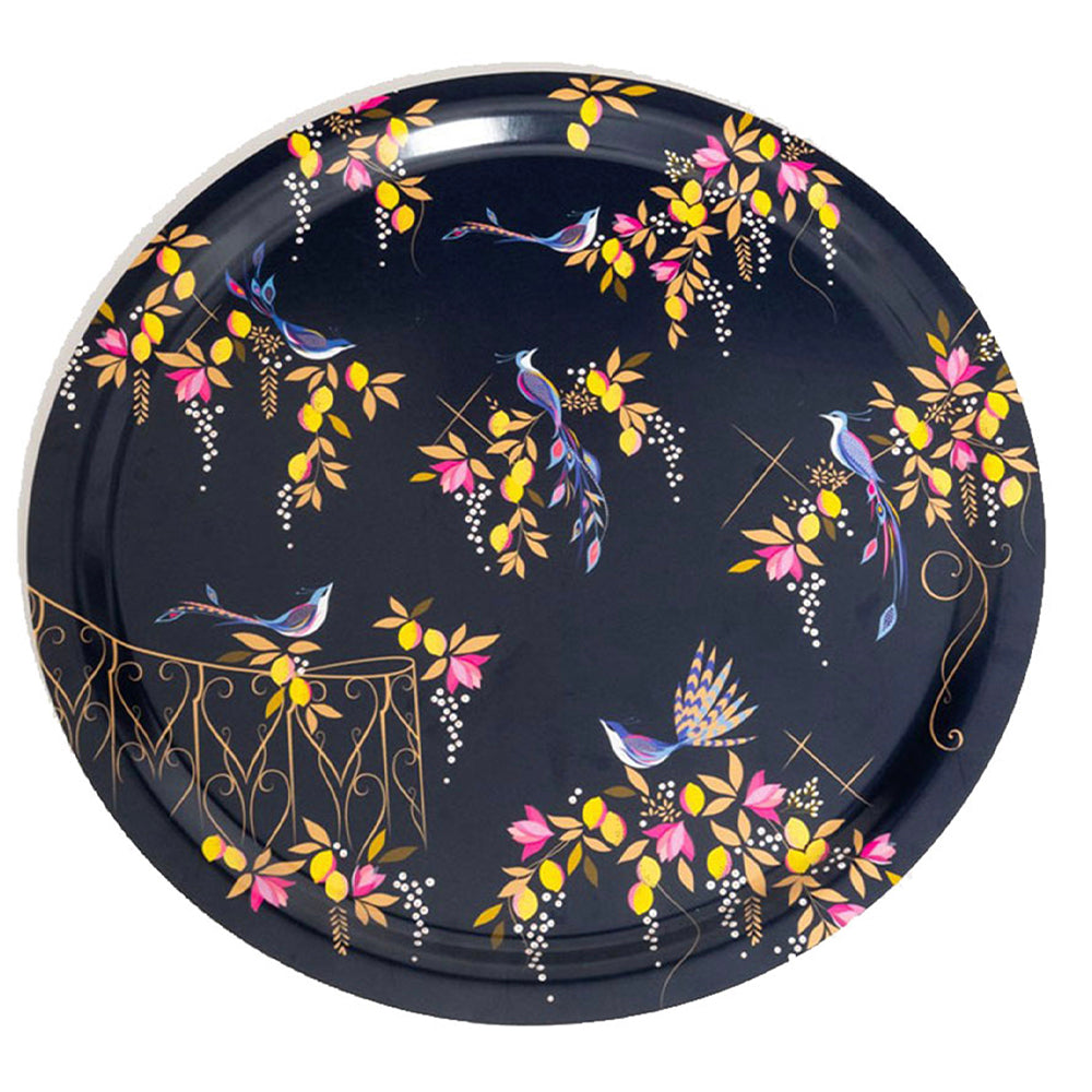 Sara Miller - Navy Orchard Birds Birch Wood Tray 490 mm diameter