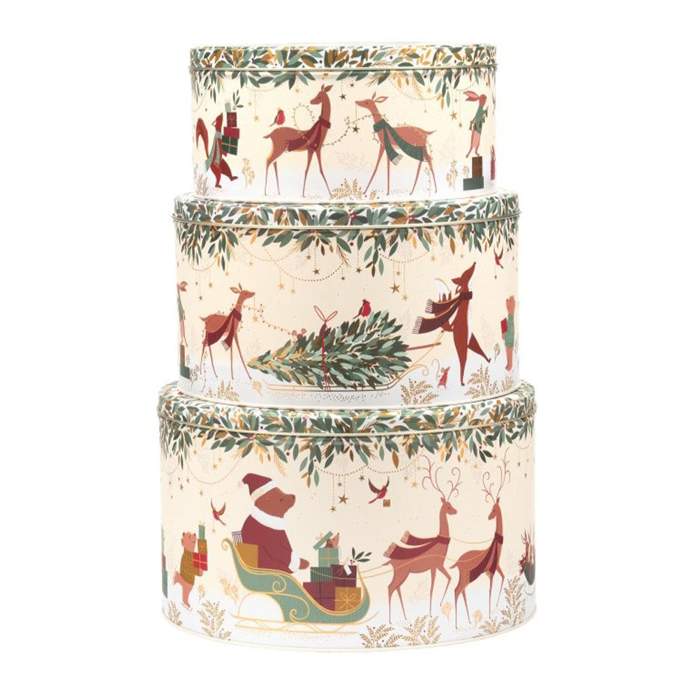 Sara Miller Woodland Tales Christmas Set 3 cake tins 250 (d) x 150mm 223 (d) x 120mm 195 (d) x 105mm