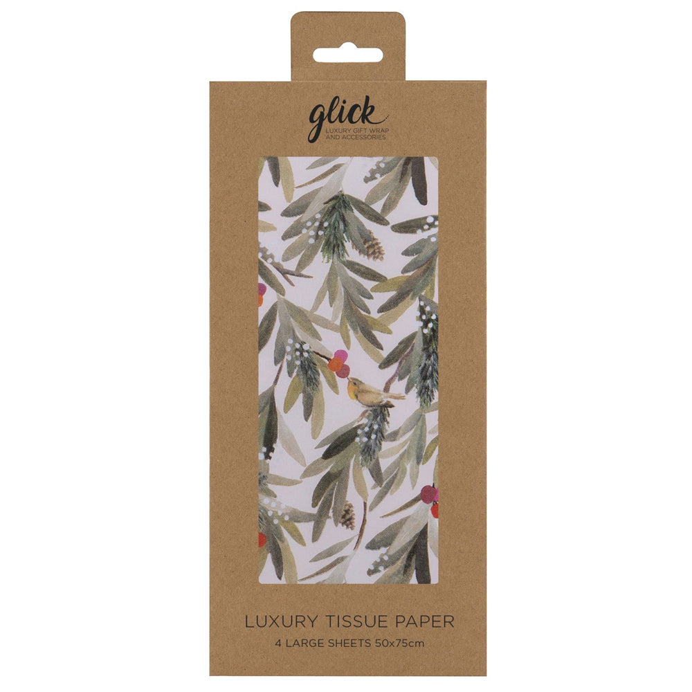 Fairytale Forest ROBINS AND BRANCHES Christmas Glick 4 sheets tissue wrapping paper 50 x 75 cm