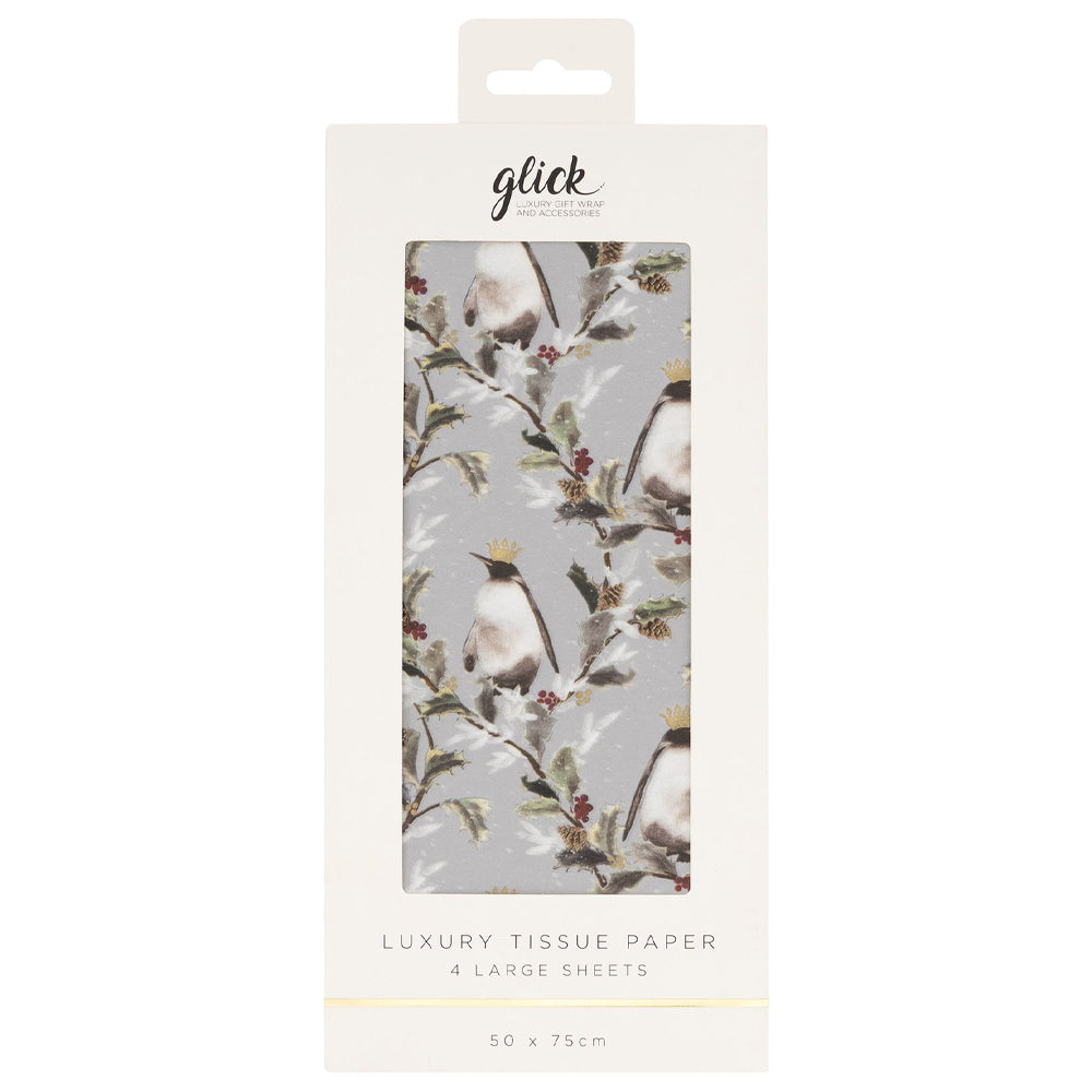 Crowned Emperor Penguins Silver Christmas 4 sheets tissue wrapping paper 50 x 75 cm