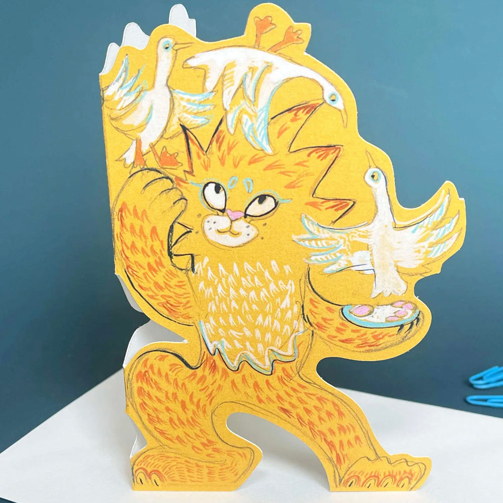 Lion Juggling Wild Geese Die Cut Greetings Card Daniel Mackie - 5 x 5 inches with envelope