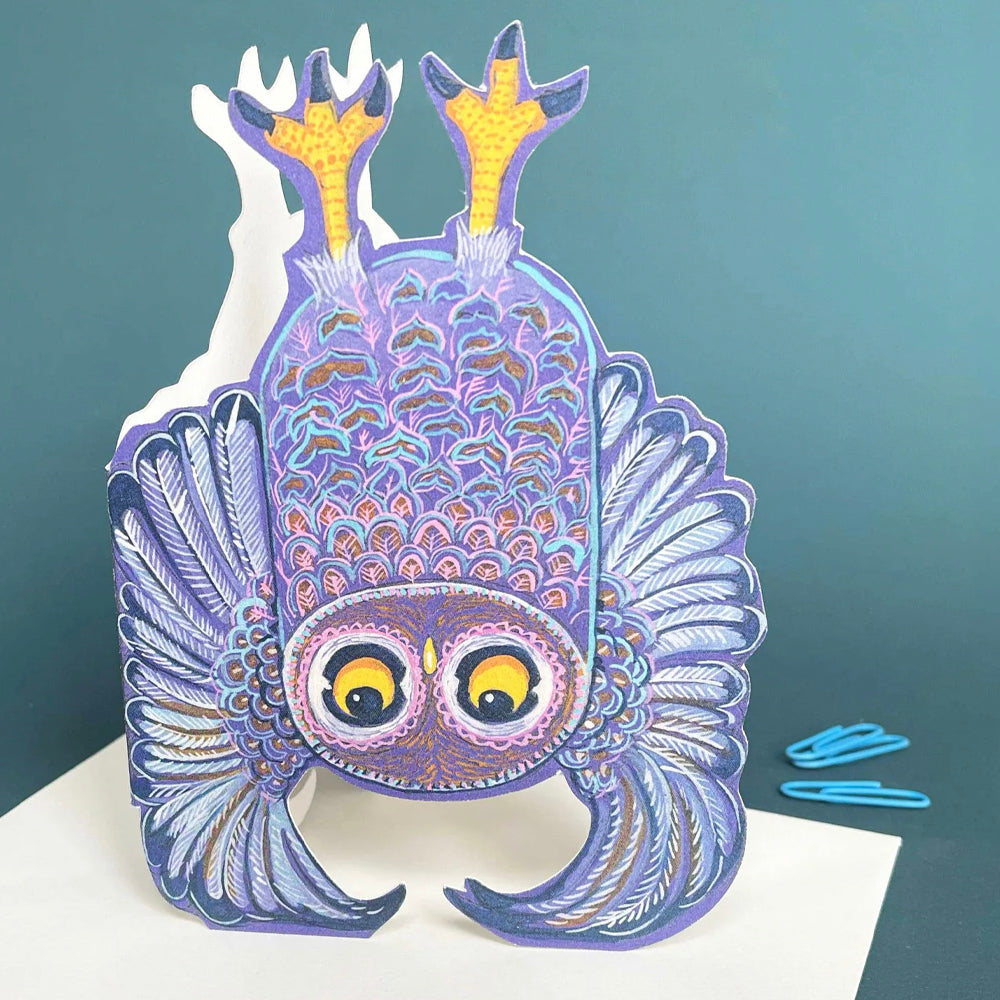 Owl Doing a Wing Stand Die Cut Greetings Card Daniel Mackie - 5 x 5 inches with envelope