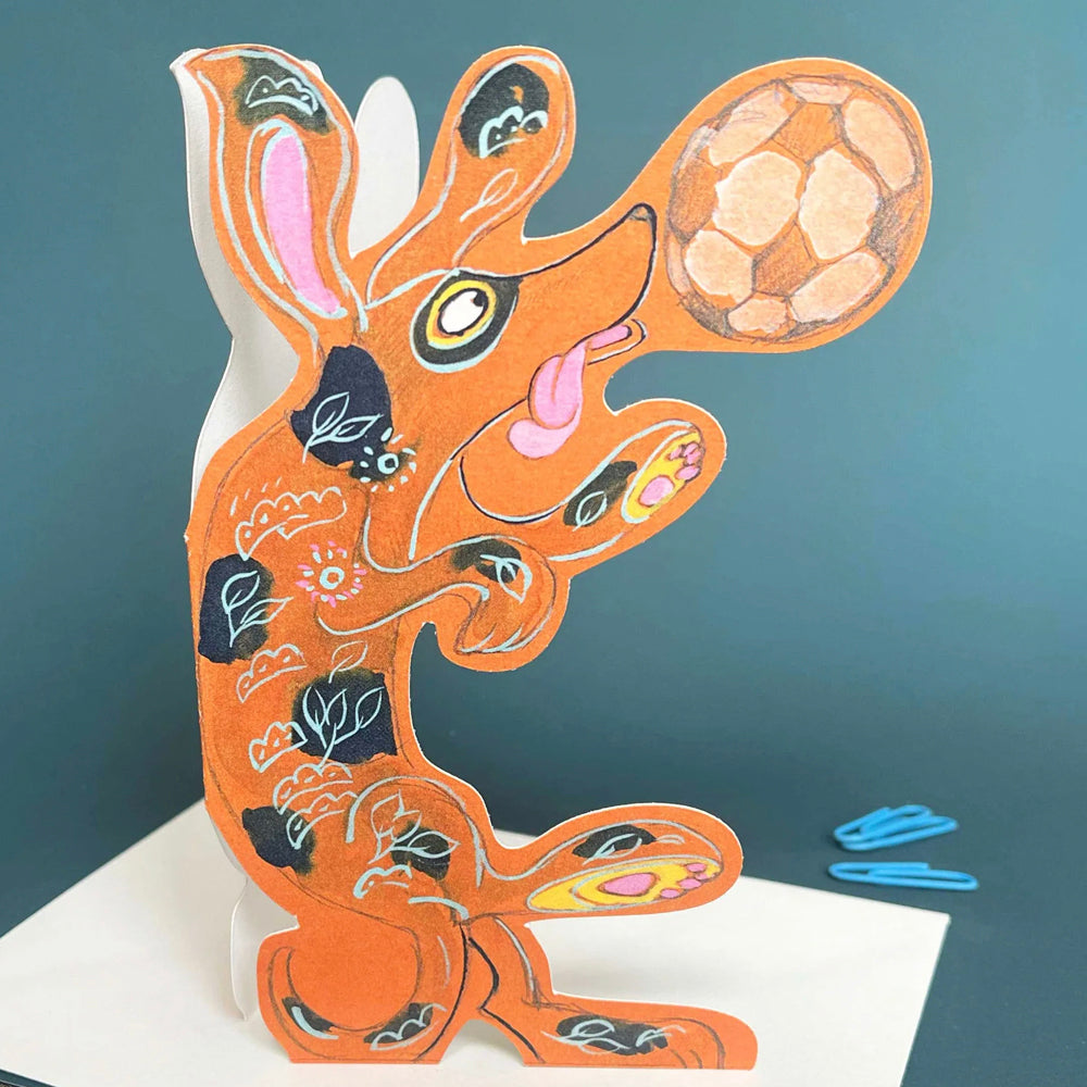 Dog Playing with a Ball Die Cut Greetings Card Daniel Mackie - 5 x 5 inches with envelope