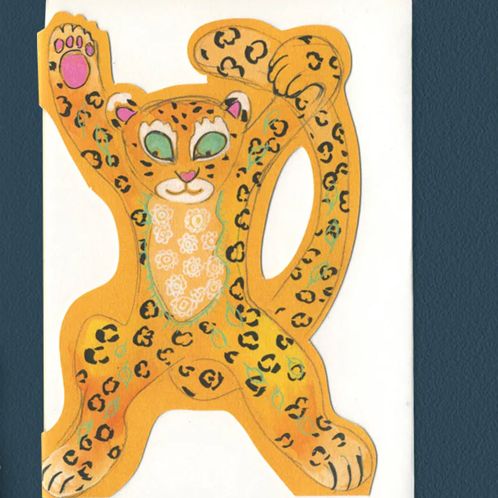 Leopard Star Jumping Die Cut Greetings Card Daniel Mackie - 5 x 5 inches with envelope