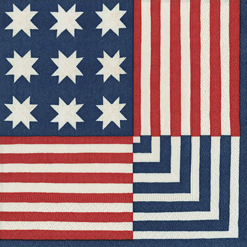 Vintage Quilt Red Blue Stars Stripes Caspari Paper Lunch Napkins 33 cm sq 3 ply 20 pack