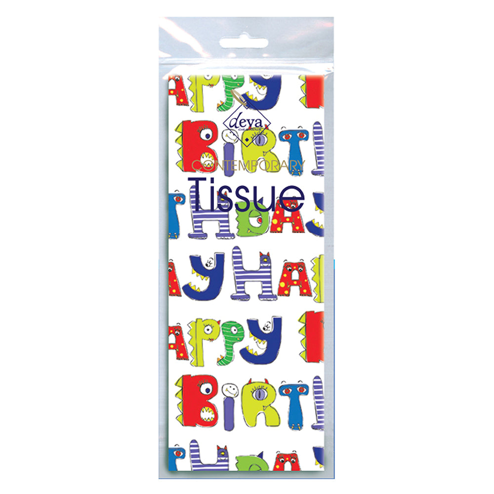 Monster Birthday Text Tissue Paper 4 Sheets of 20 x 30" Deva Tissue Wrapping Paper