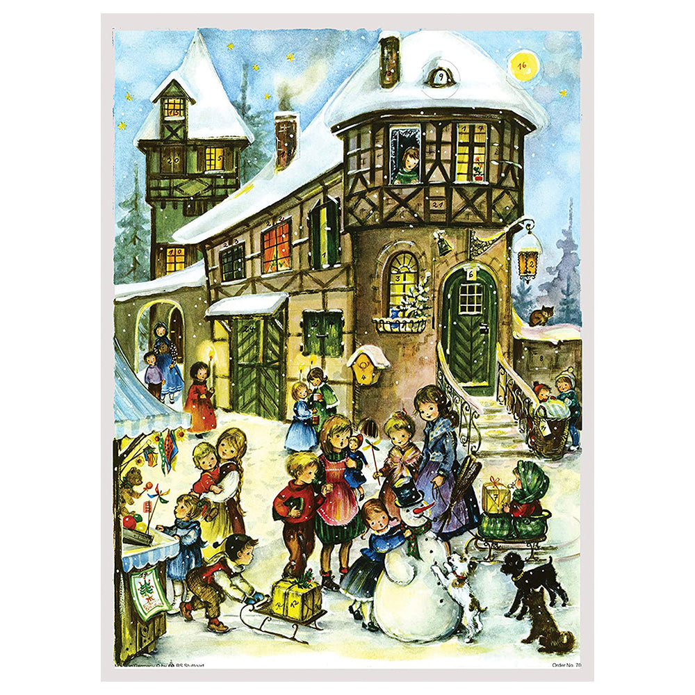 Richard Sellmer Verlag Roundhouse Children with Snowman German Advent Calendar 265 x 355 mm with envelope and glitter