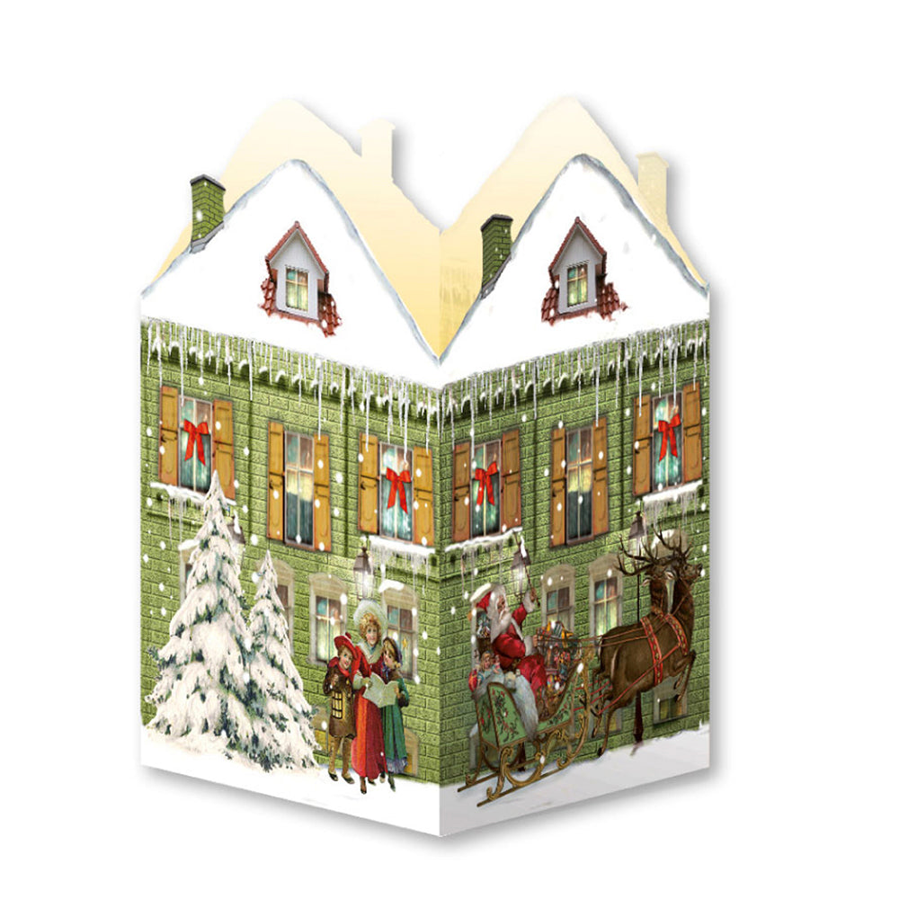 Green Lantern With Reindeer Houses Mini Lanterns Advent Calendar Card Design by Barbara Behr 16.5 x 11.5 cm Pre folded into lanterns Iridescent Glitter. Translucent gold envelopes