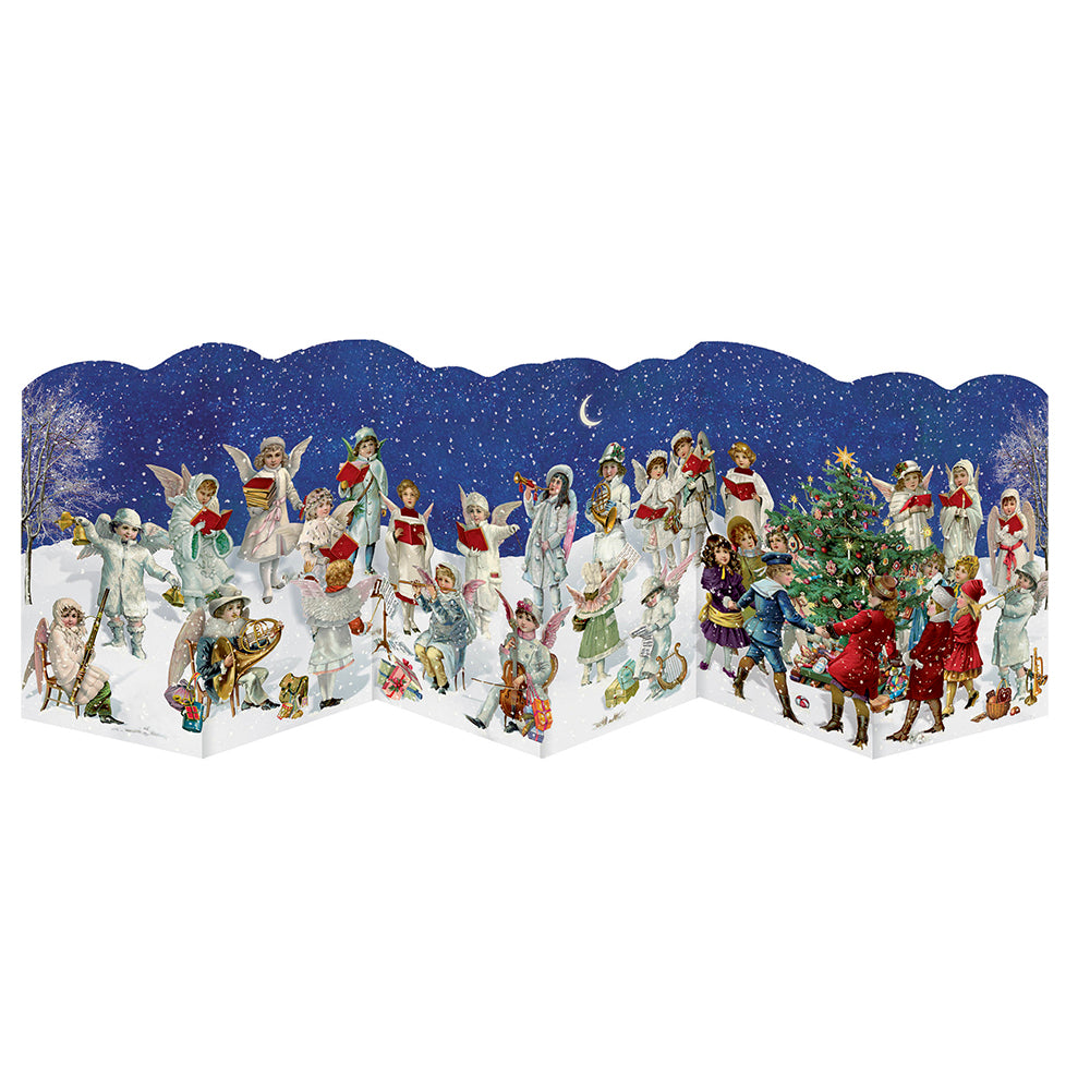 Christmas Tree and Angels Nostalgic Leprello 3 Fold Advent Cards Traditional German 33 cm x 12 cm Trifold and Cut Out with Gold Patterned Envelope