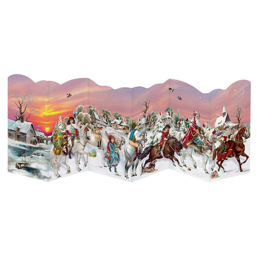 Santa on Horses Nostalgic Leprello 3 Fold Advent Cards Traditional German 33 cm x 12 cm Trifold and Cut Out with Gold Patterned Envelope
