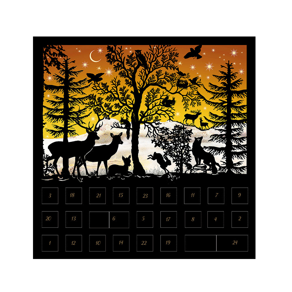 Orange Animals Christmas Scene Silhouette Advent Card with 24 doors and envelope 15 x 15 cm