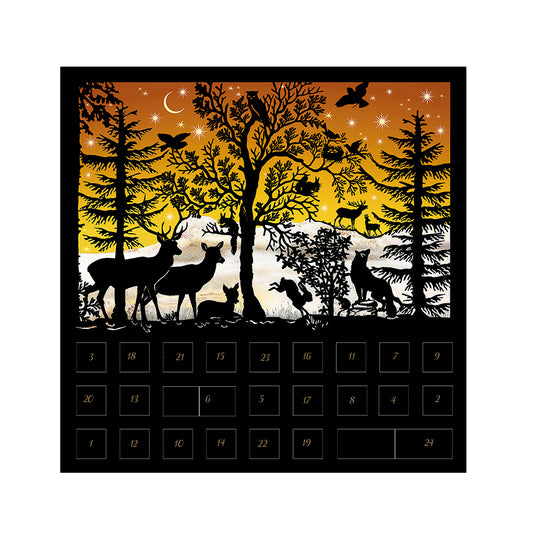 Orange Animals Christmas Scene Silhouette Advent Card with 24 doors and envelope 15 x 15 cm