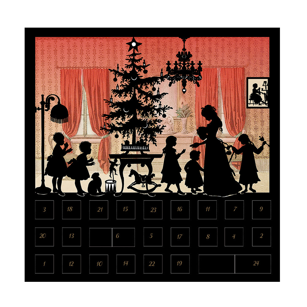 Red at Home Christmas Scene Silhouette Advent Card with 24 doors and envelope 15 x 15 cm