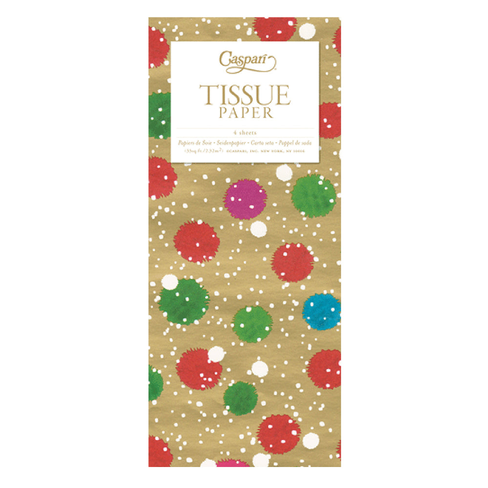 Caspari Snowy Pom Poms Gold Multicoloured Dots Tissue Paper 4 Sheets of 20 x 30" Tissue Wrapping Paper
