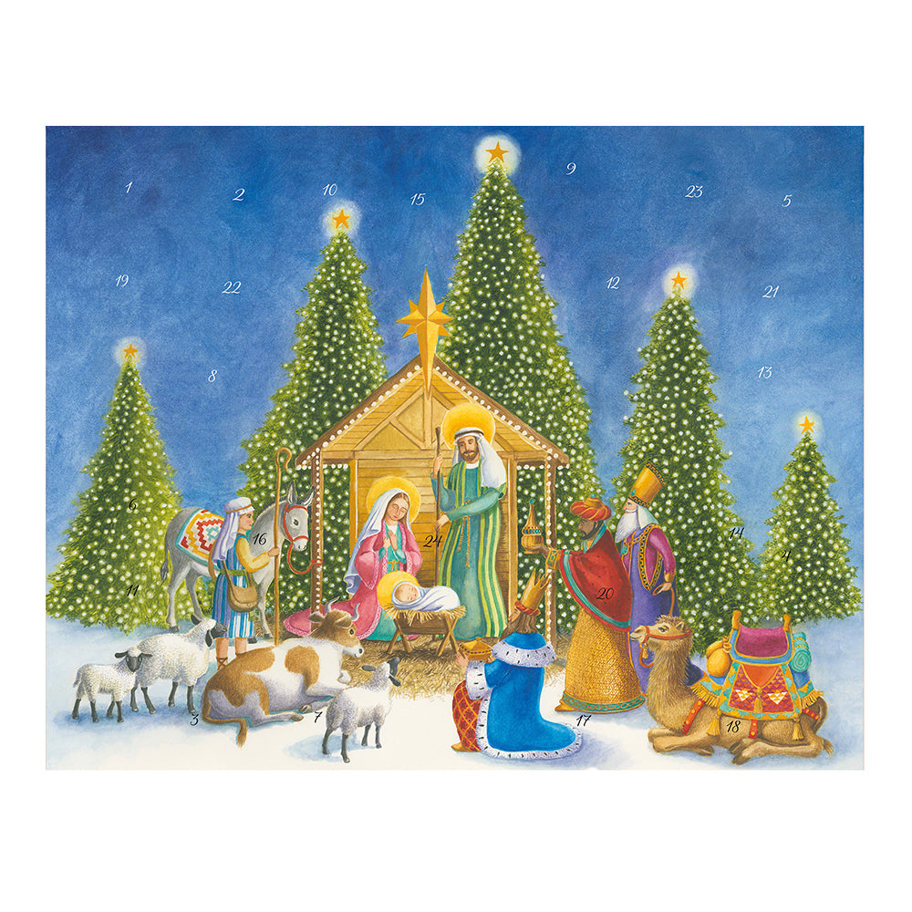 Nativity by Ingrid Slyder 3 d Applique and gold foil Caspari Advent Calendar 33 x 26