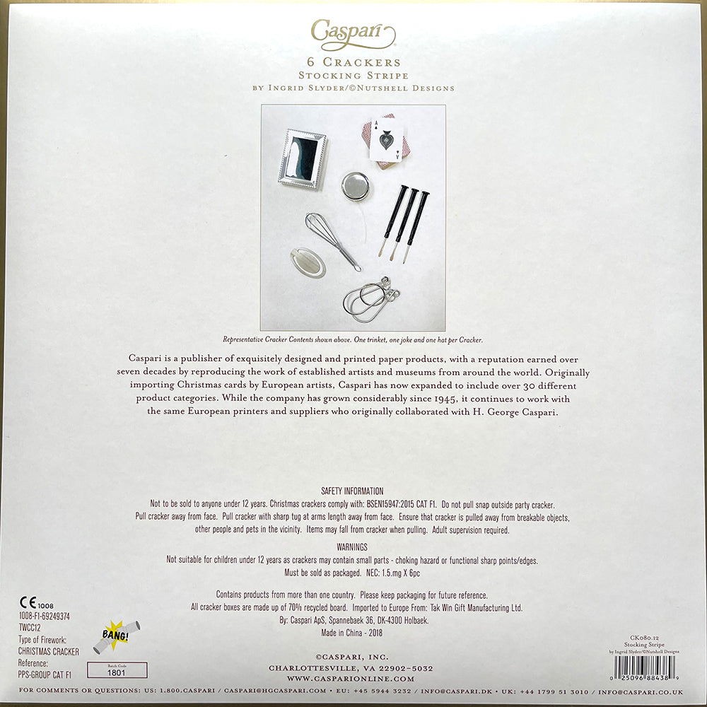 Caspari Christmas Crackers Stocking stripe by Ingrid Slyder 6 x 12 inch crackers