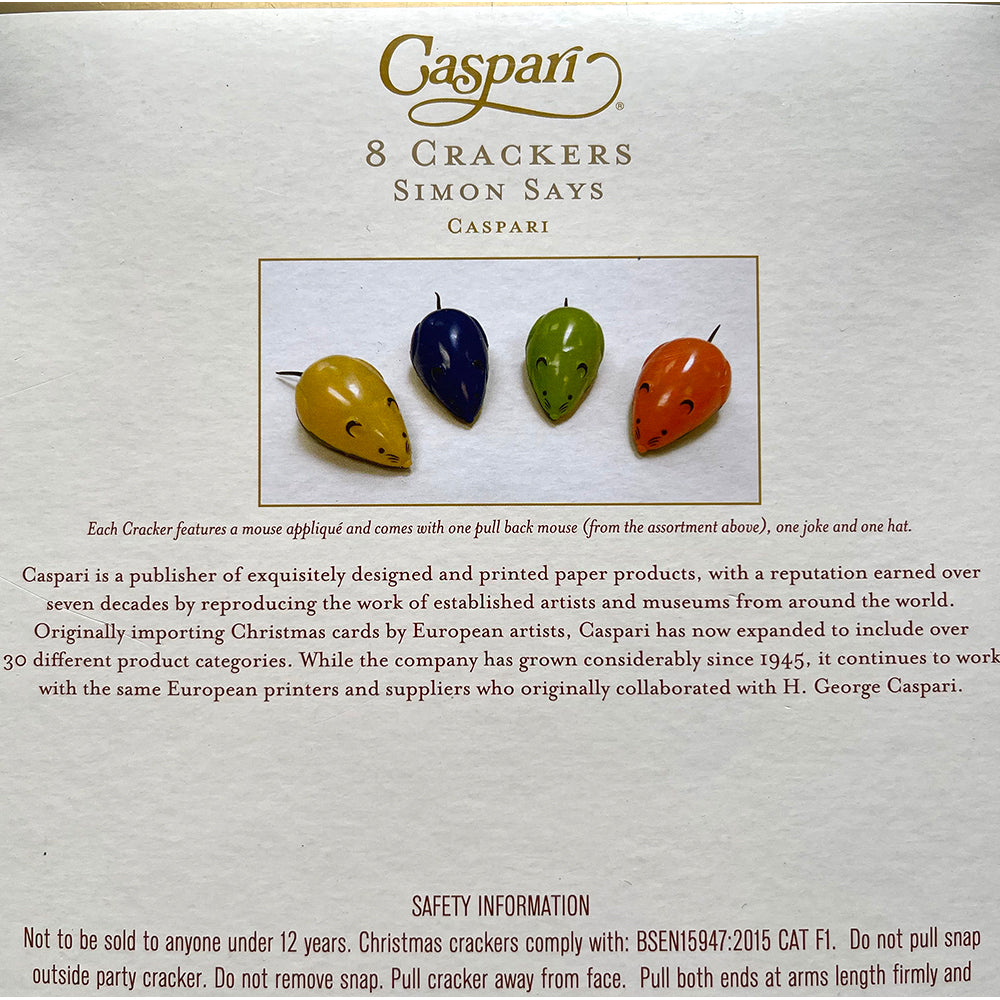 Caspari Crackers Simon Says Christmas Mice 8 x 10 inch crackers with pull back mice