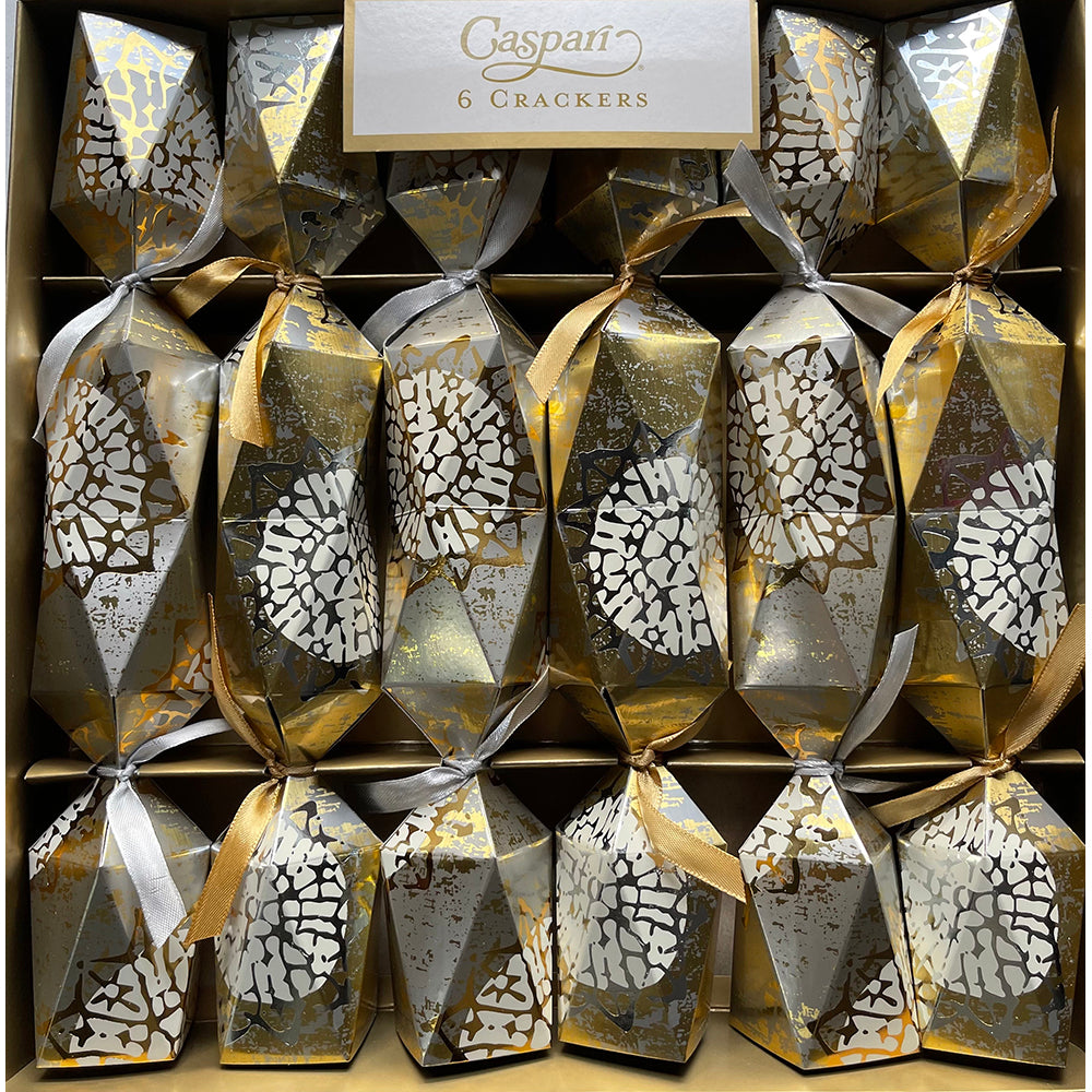 Caspari Block Print Stars platinum/gold 12 inch faceted Crackers x 6