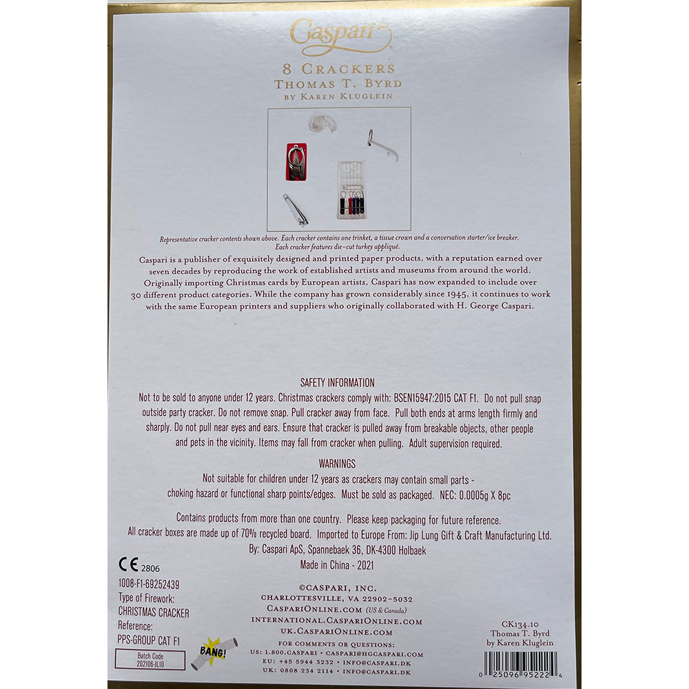 Caspari Christmas Crackers Thomas T. Byrd Turkey Thanksgiving by Karen Kluglein Crackers 8 x 10 inch crackers