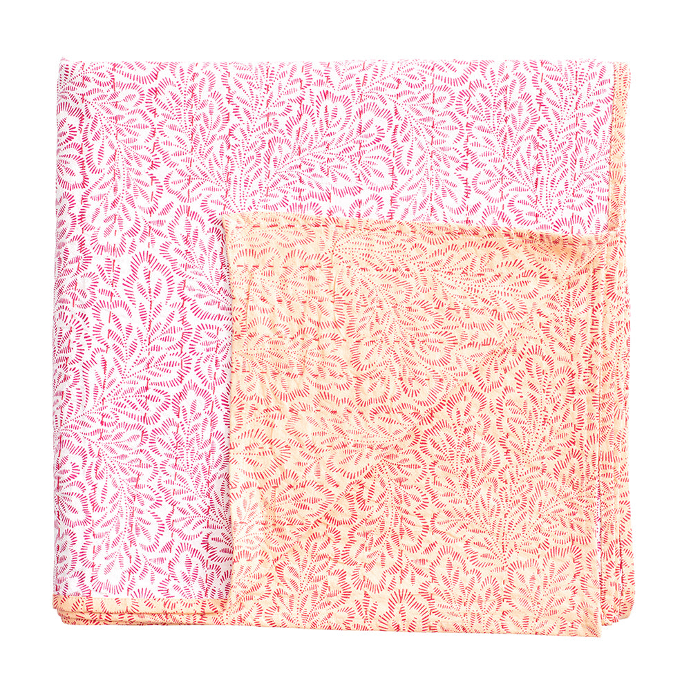 Block Print Leaves Fuchsia Pink Reversible Caspari Kantha Fabric Table Cloth 180 x 180 cm