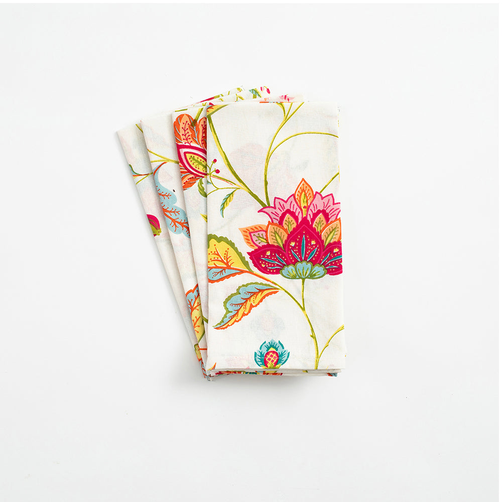 Passage to India Ivory Caspari Set of 4 Hand Printed Indian Cotton Napkins 50 cm sq