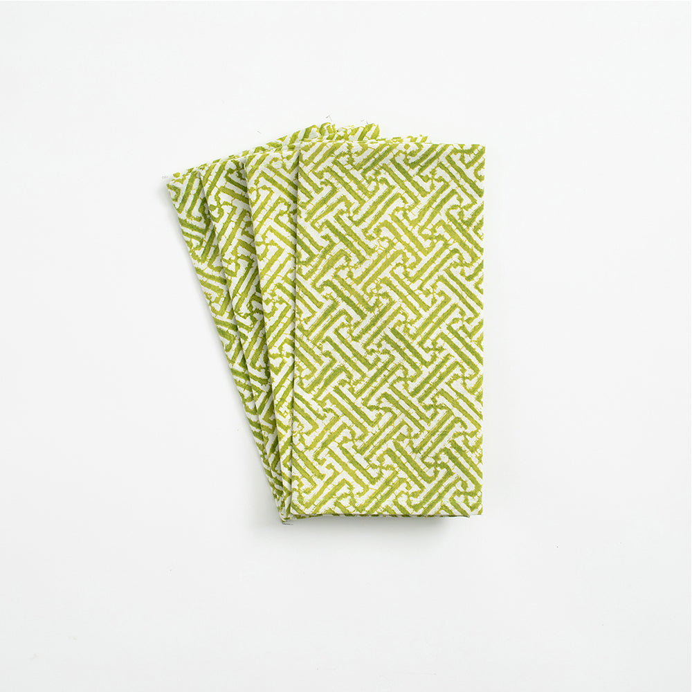 Fretwork Green Caspari Set of 4 Hand Printed Indian Cotton Napkins 50 cm sq