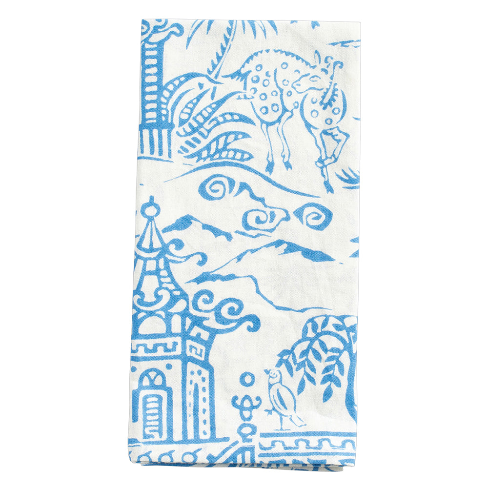 Pagoda Toile Blue Caspari Set of 4 Hand Printed Indian Cotton Napkins 50 cm sq