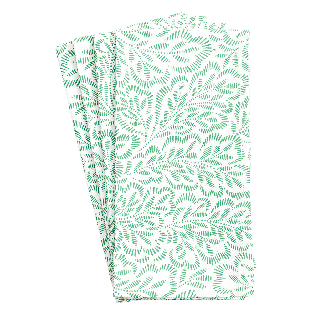 Block Print Leaves Green White Caspari Set of 4 Hand Printed Indian Cotton Napkins 50 cm sq