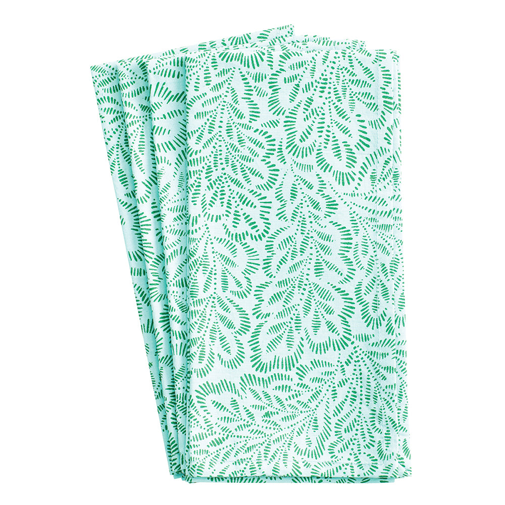 Block Print Leaves Turquoise Green Caspari Set of 4 Hand Printed Indian Cotton Napkins 50 cm sq