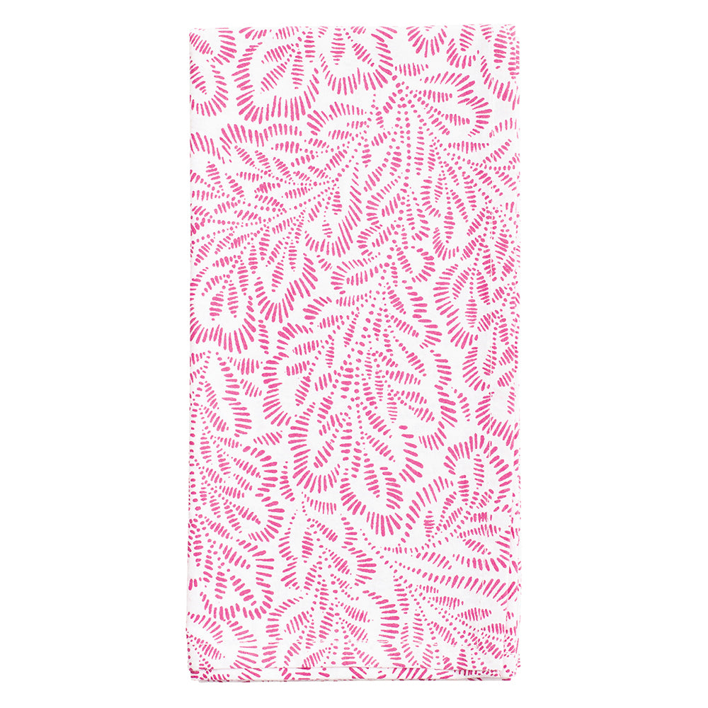 Block Print Leaves Fuchsia White Caspari Set of 4 Hand Printed Indian Cotton Napkins 50 cm sq