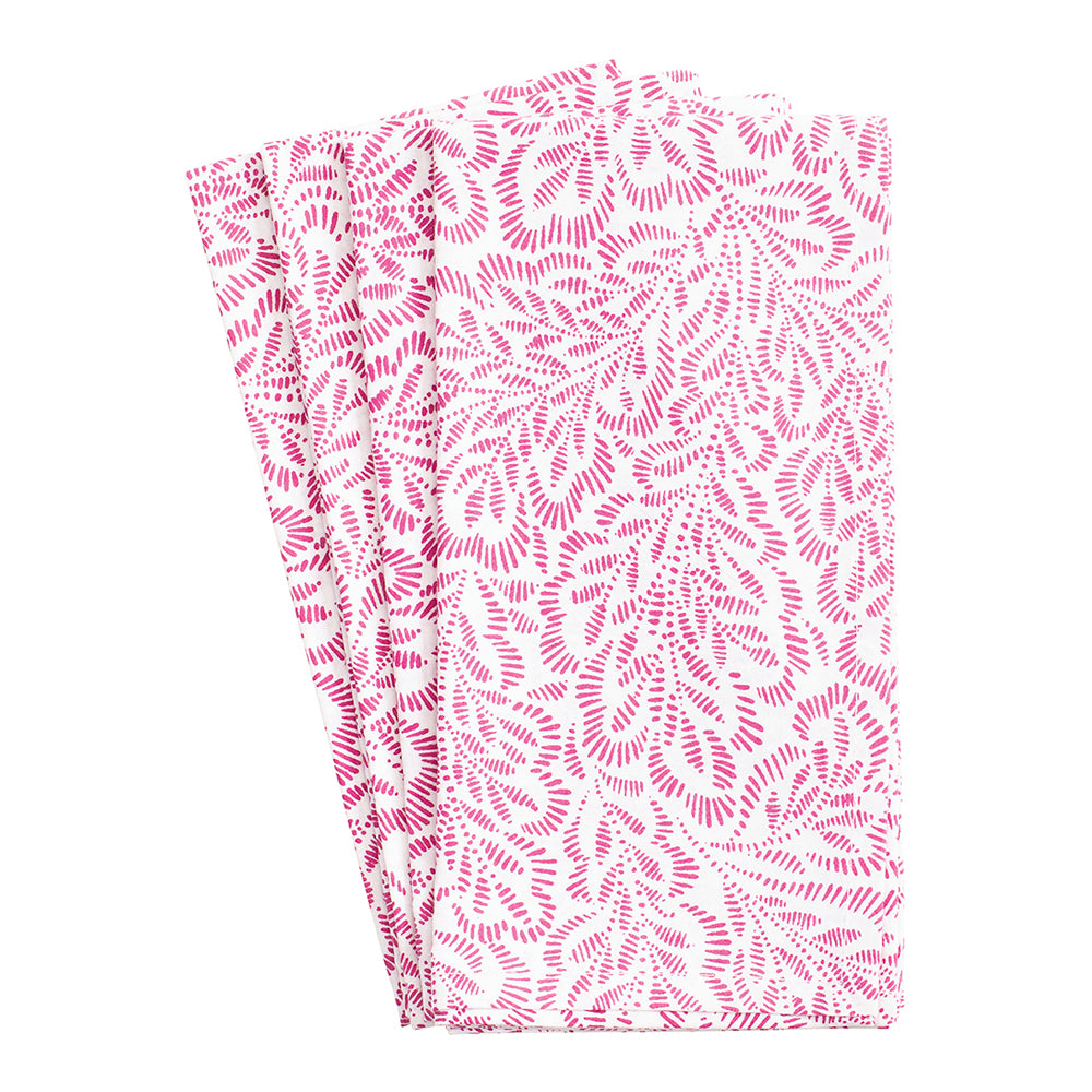 Block Print Leaves Fuchsia White Caspari Set of 4 Hand Printed Indian Cotton Napkins 50 cm sq