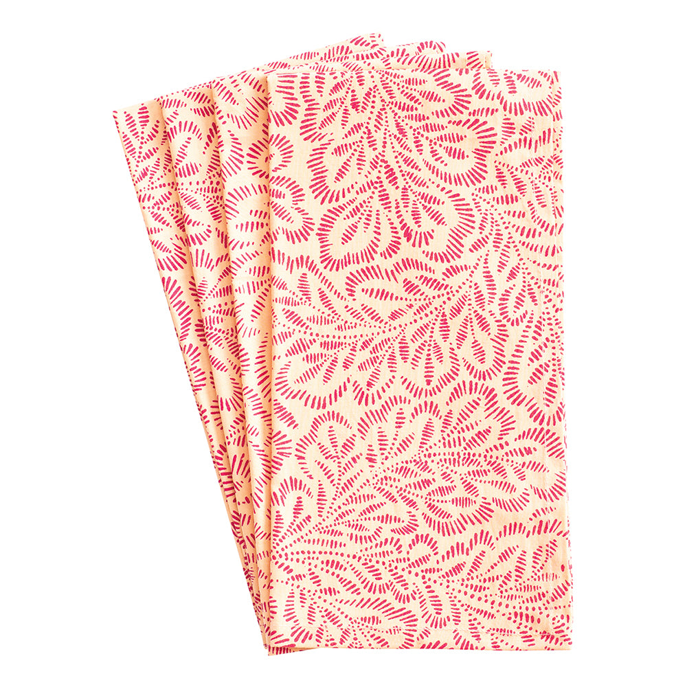 Block Print Leaves Coral Fuchsia Caspari Set of 4 Hand Printed Indian Cotton Napkins 50 cm sq