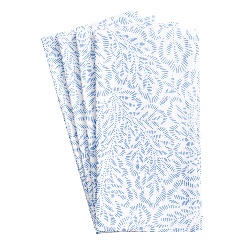 Block Print Leaves White Blue Caspari Set of 4 Hand Printed Indian Cotton Napkins 50 cm sq