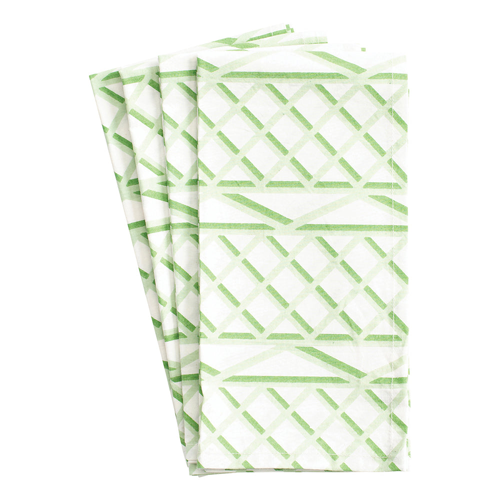 Trellis Green White Caspari Caspari Set of 4 Hand Printed Indian Cotton Napkins 50 cm sq