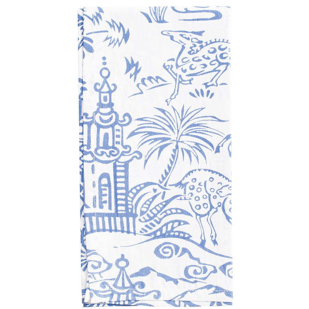 Pagoda Toile Blue White Caspari Set of 4 Hand Printed Indian Cotton Napkins 50 cm sq