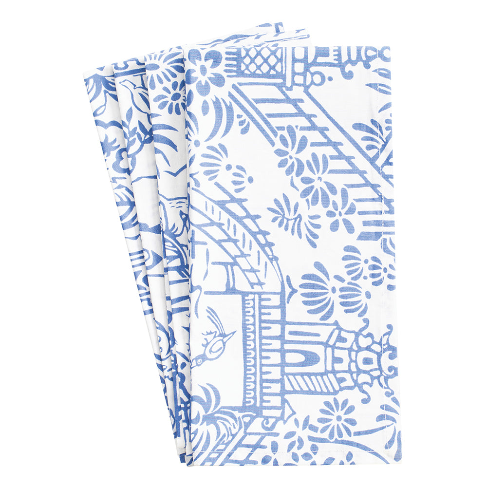 Pagoda Toile Blue White Caspari Set of 4 Hand Printed Indian Cotton Napkins 50 cm sq