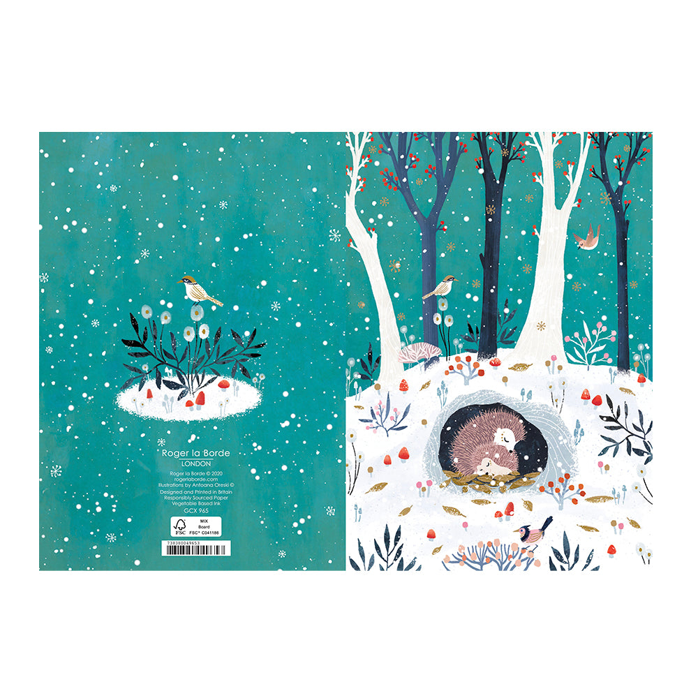 Hedgehog Hollow Hideaway Tree Gold Foil Christmas Card 5 pack 170 x 120 mm Roger la Borde