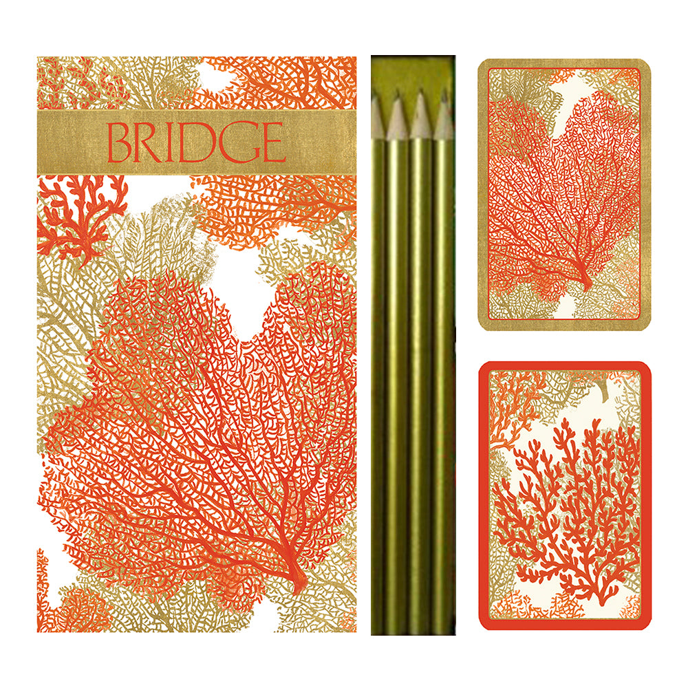 Sea Fans Large Bridge Set Caspari 2 Sets of Cards 4 Bridgepads and 4 pencils i n a Presentation Box