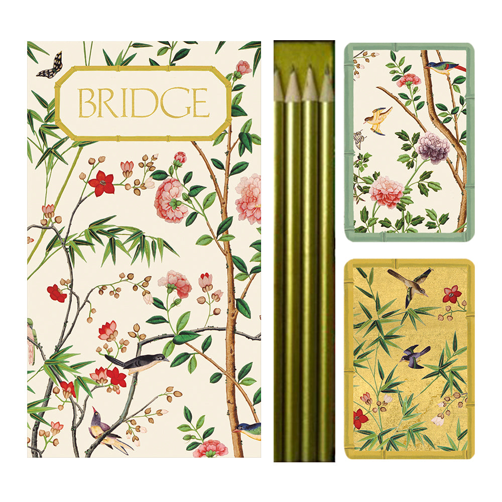 Chinese Wallpaper Large Bridge Set Caspari 2 Sets of Cards 4 Bridgepads and 4 pencils in a Presentation Box