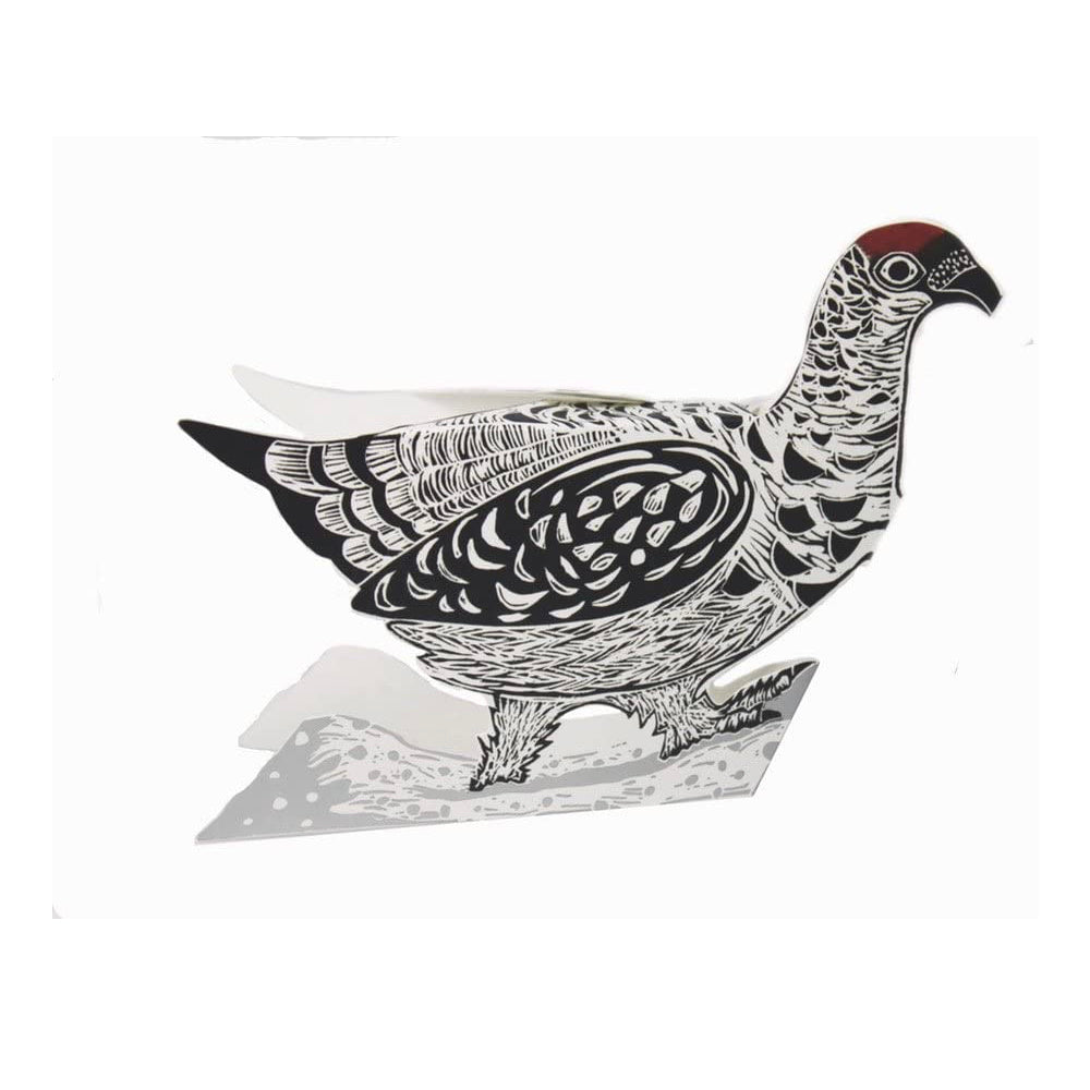 Ptarmigan Silver with foil 3D Sculptural Judy Lumley Greetings Card from Lino Cut Designs with envelope