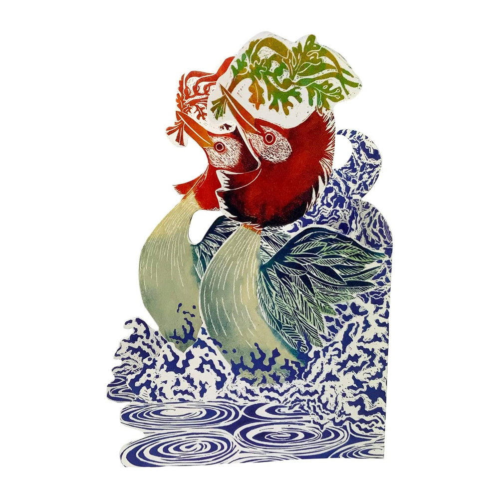 Dancing Grebes Trifold Judy Lumley Greetings Card from Lino Cut Designs with envelope