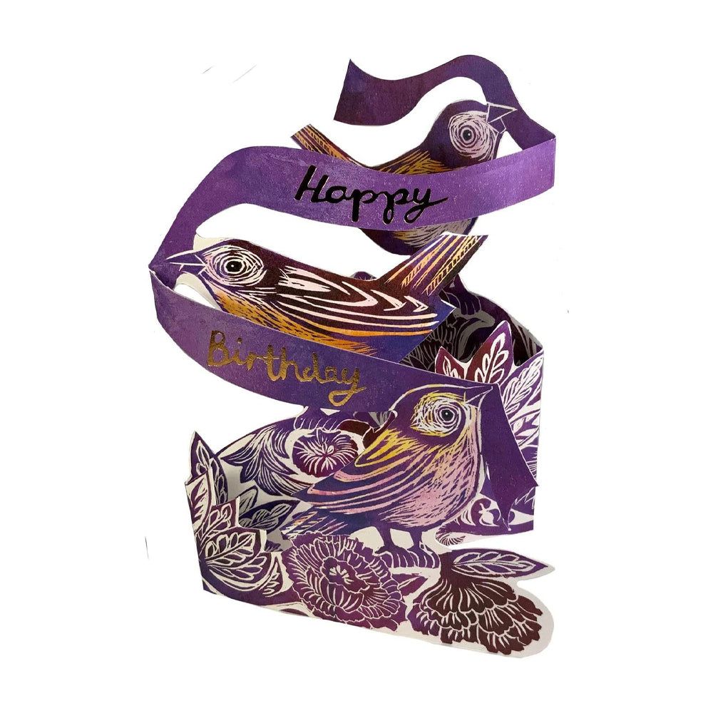 Birthday Birds with foil Trifold Judy Lumley Greetings Card from Lino Cut Designs with envelope